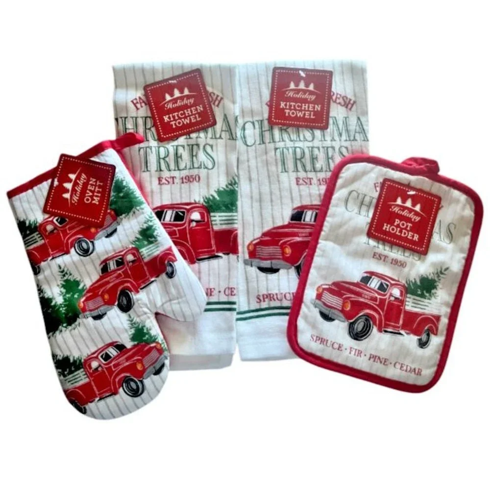 Christmas Tree Farm Red Truck Dish Towel Kitchen Potholder Red Holiday Set Of 4
